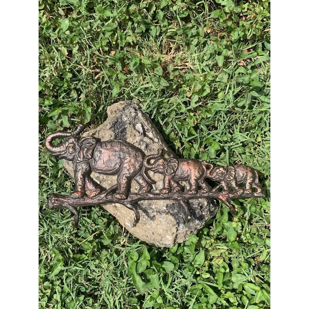Vintage Brass Elephant Parade Key Holder Rack Wall Mount TrunkUp Good Luck Decor